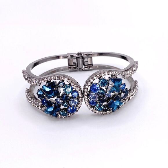Retro Blue Rhinestones Floral Cuff Bracelet Gunmetal Tone - Picture 5 of 5